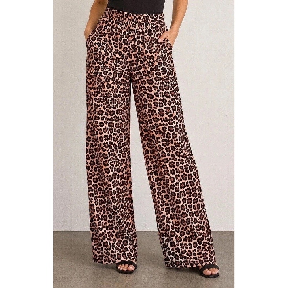 SHEIN Womens Leopard Print Elastic Waist Wide Leg Palazzo Pants Size L Boho Y2K